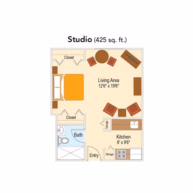Floor plan of a 425 square feet studio apartment showing a living area with a bed, two closets, a bathroom, an entryway, and a kitchen with storage areas.