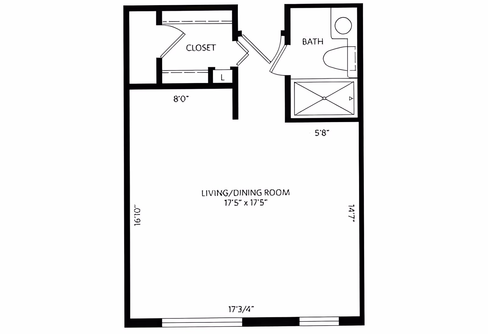 Floor plan of a living/dining room area measuring 17'5" by 17'5" with an adjacent closet and a bathroom. The closet is located in the upper left corner, and the bathroom is in the upper right corner with a toilet, sink, and shower. Dimensions of the walls are also marked.