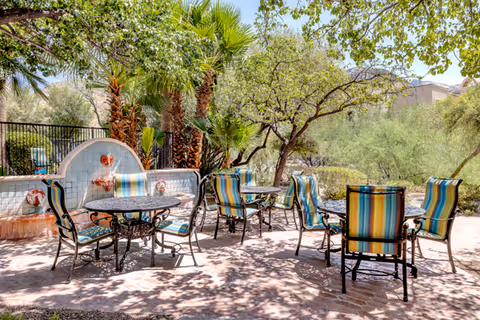Outdoor patio area with several round tables and metal chairs featuring colorful striped cushions. The space is shaded by trees and surrounded by lush greenery, including palm trees and other plants. A decorative white tiled wall with water fountains is visible in the background.