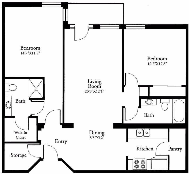 Floor plan of a residential unit at Mountain View Retirement Village showing two bedrooms, two bathrooms, a living room, dining area, kitchen with pantry, entry, storage, and a walk-in closet.