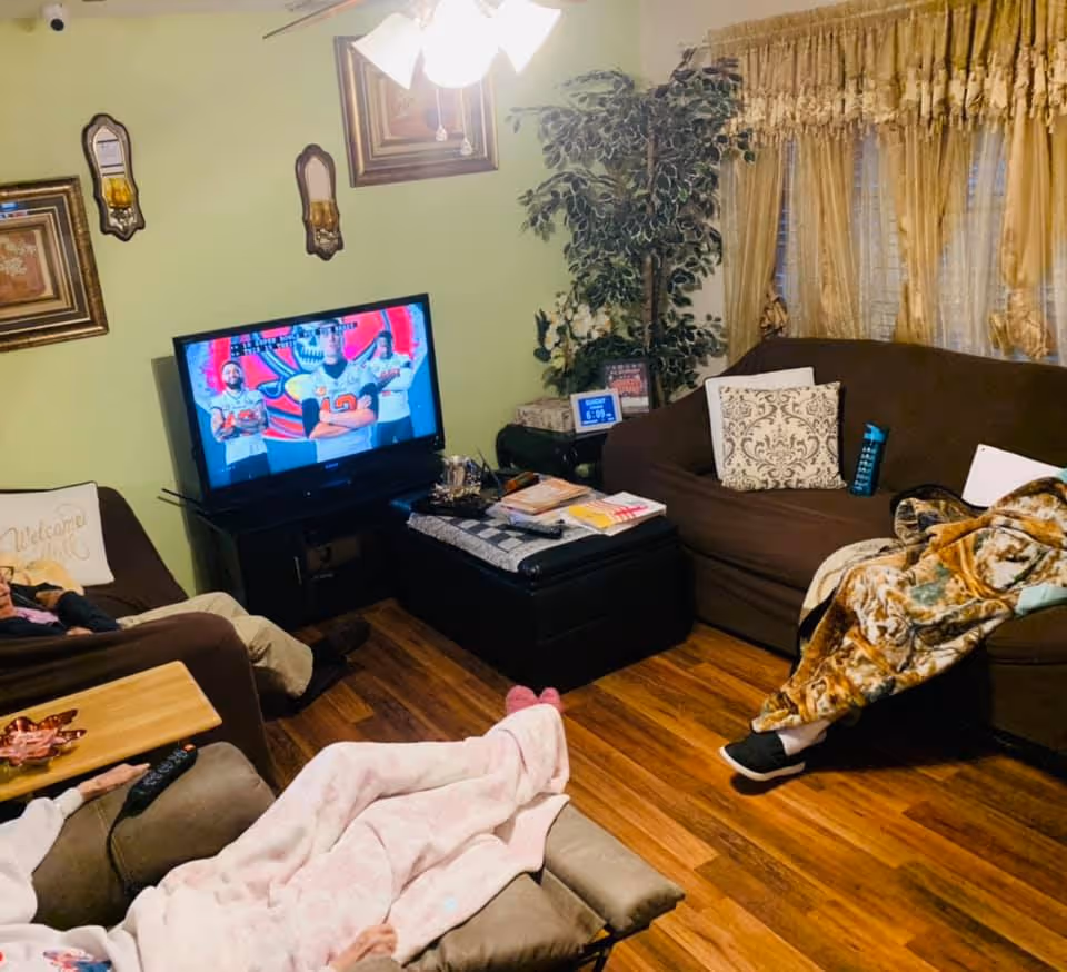 A cozy living room with wooden flooring, two brown sofas with decorative pillows, a TV on a stand showing a sports program, a coffee table with books and other items, a large potted plant in the corner, and three people partially visible resting under blankets.