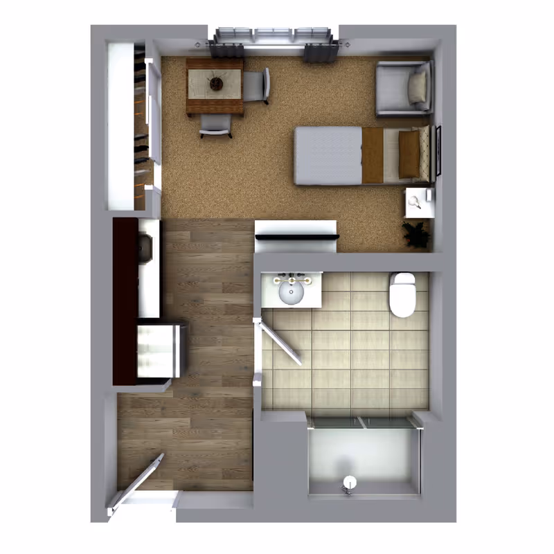 Top-down view of a studio apartment floor plan featuring a combined living and sleeping area with a bed, armchair, small dining table with two chairs, and a closet. Adjacent to this area is a kitchen with cabinetry and appliances, and a separate bathroom with a sink, toilet, and shower.