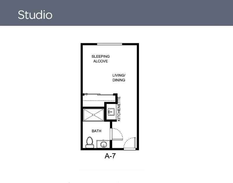 Black-and-white labeled floor plan of a studio apartment (A-7) showing a sleeping alcove, living/dining area, kitchenette, and bath.