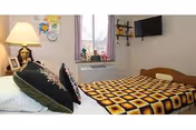 A small bedroom with a single bed covered by a brown and yellow patterned blanket. There are two pillows with floral designs on the bed. A lamp with a white shade is on a bedside table next to the bed. A window with a view outside is centered on the back wall, with a small plant on the windowsill. A flat-screen TV is mounted on the wall to the right, and a small shelf with decorative items is below it.