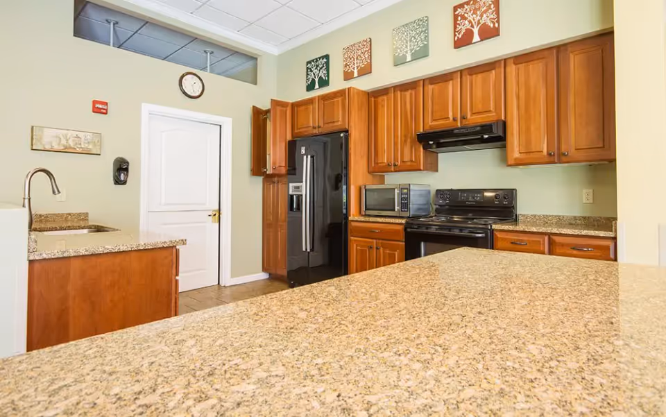A clean kitchen with wooden cabinets, a black refrigerator, black stove with oven, microwave, and granite countertops. There is a white door, a wall clock above it, and three decorative tree-themed wall hangings above the cabinets.