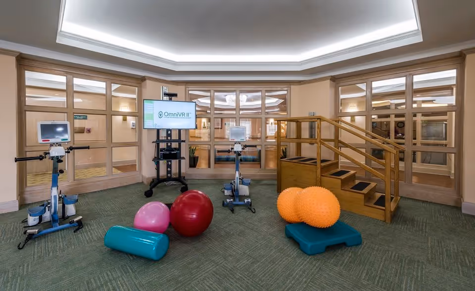 A physical therapy or rehabilitation room with exercise equipment including two stationary bikes, a wooden set of stairs with handrails, various exercise balls, and a screen displaying 'OmniVR II'. The room has green carpet flooring and large windows with wooden frames looking into another room.