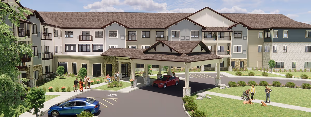 Exterior view of Meadowview of Davenport senior living facility with a covered entrance and people outside.