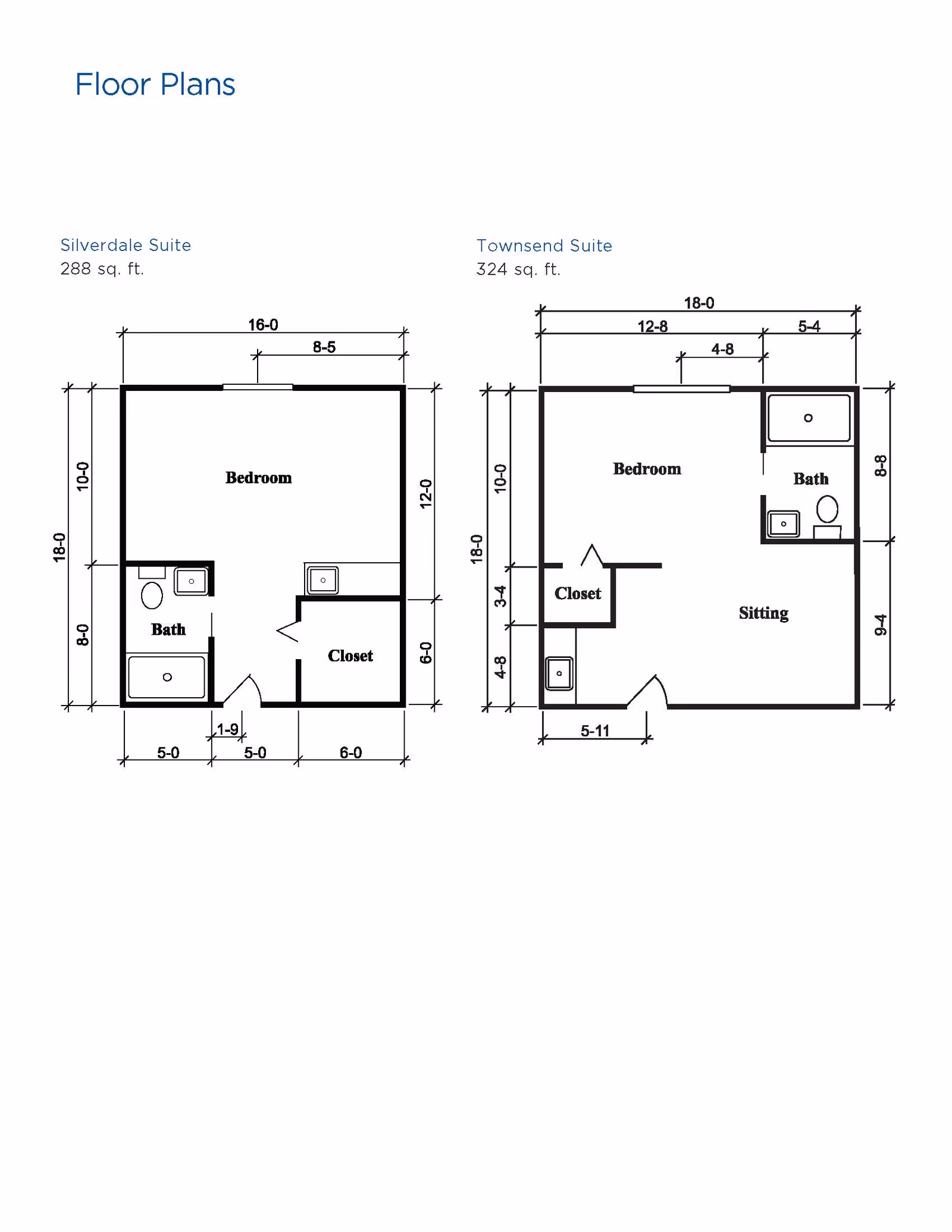 Floor plans for two suites at Brookdale Richmond. The Silverdale Suite is 288 sq. ft. and includes a bedroom, bath, and closet. The Townsend Suite is 324 sq. ft. and includes a bedroom, bath, sitting area, and closet. Dimensions for each room and overall layout are shown.