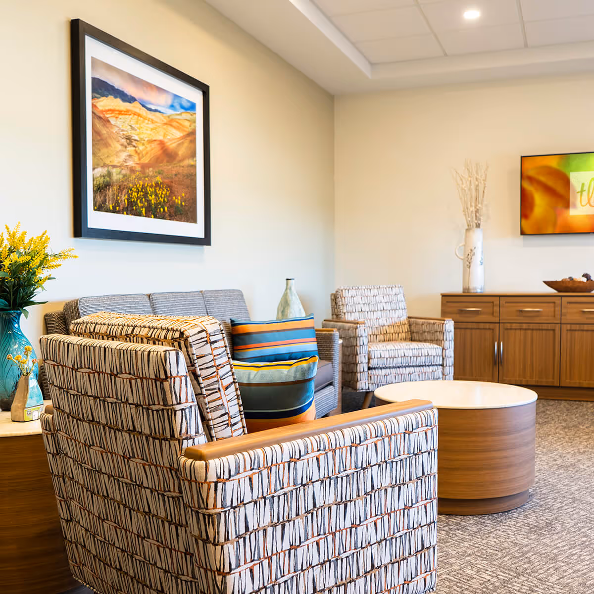 A cozy living room area with patterned armchairs, a gray sofa with colorful striped pillows, a round wooden coffee table, a wooden cabinet with decorative items, a vase with dried branches, a framed landscape painting on the wall, and a flat-screen TV displaying a colorful image.