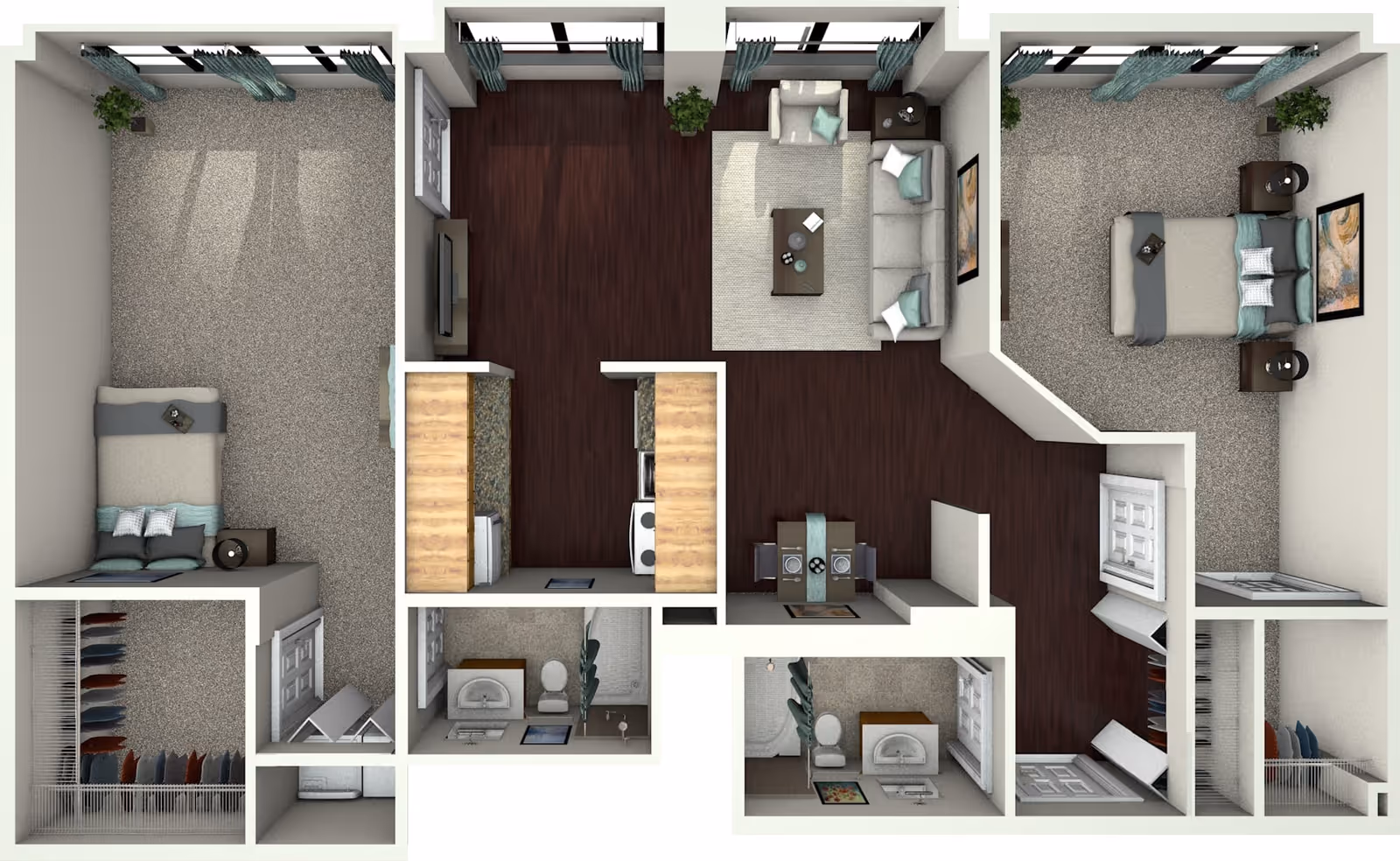 Top-down view of a two-bedroom apartment floor plan featuring two bedrooms with beds and nightstands, two bathrooms with sinks and toilets, a kitchen with appliances and countertops, a dining area with a table and chairs, and a living room with a sectional sofa, coffee table, and TV. The flooring is a mix of carpet in the bedrooms and dark wood in the living and dining areas.