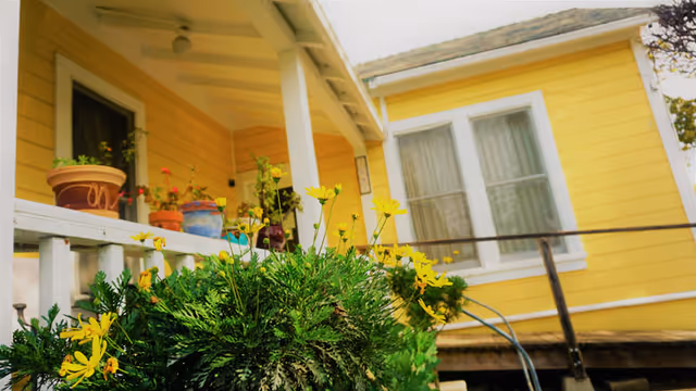 Yellow-painted house front porch with potted plants and yellow flowers in the foreground.