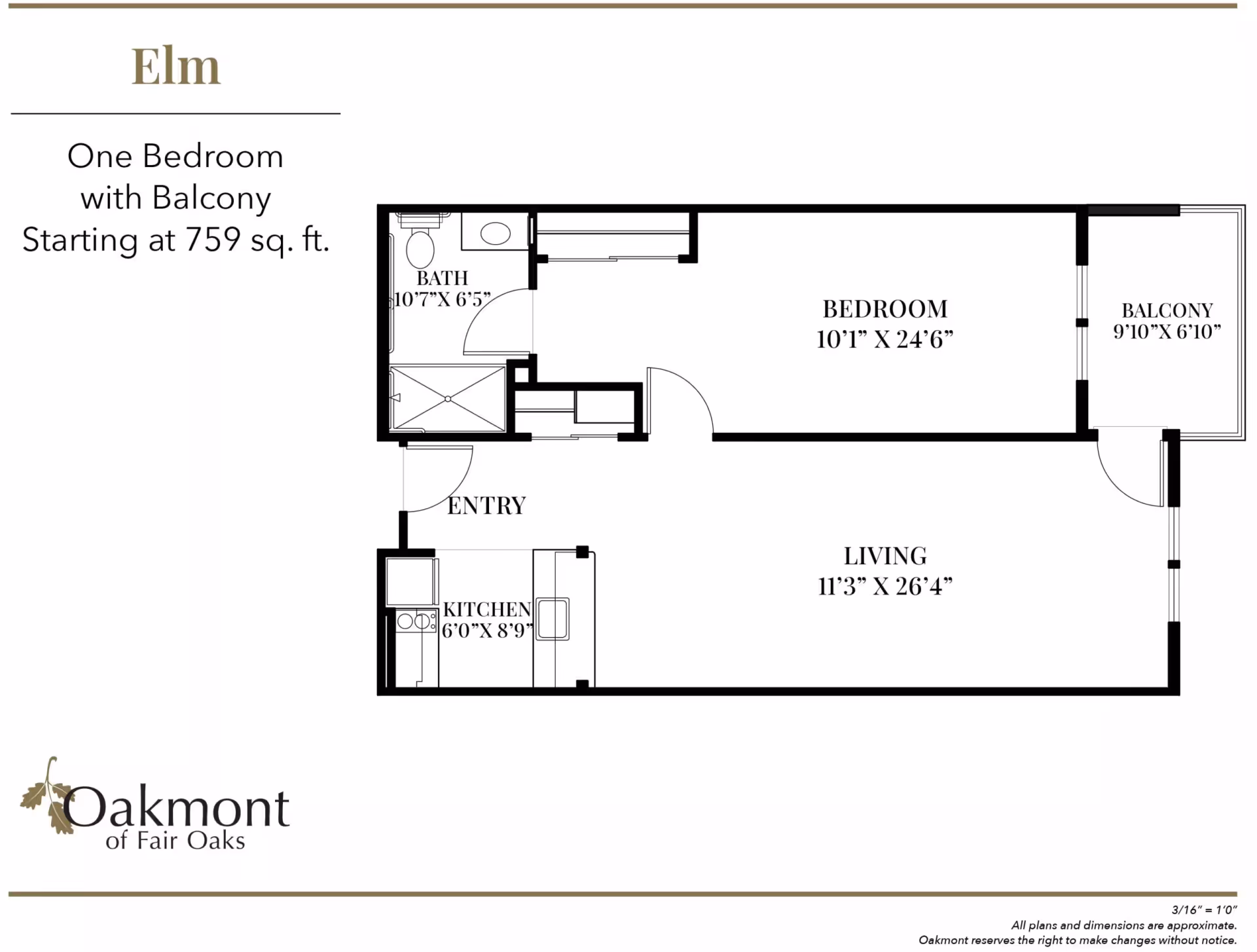Floor plan titled 'Elm' of a one-bedroom apartment with living room, kitchen, bathroom, bedroom and balcony with room dimensions.