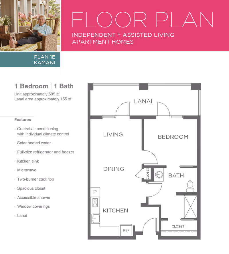 Brochure-style floor plan for a 1-bedroom, 1-bath assisted living apartment showing the layout, feature list, and a small inset photo of a person seated on a patio.