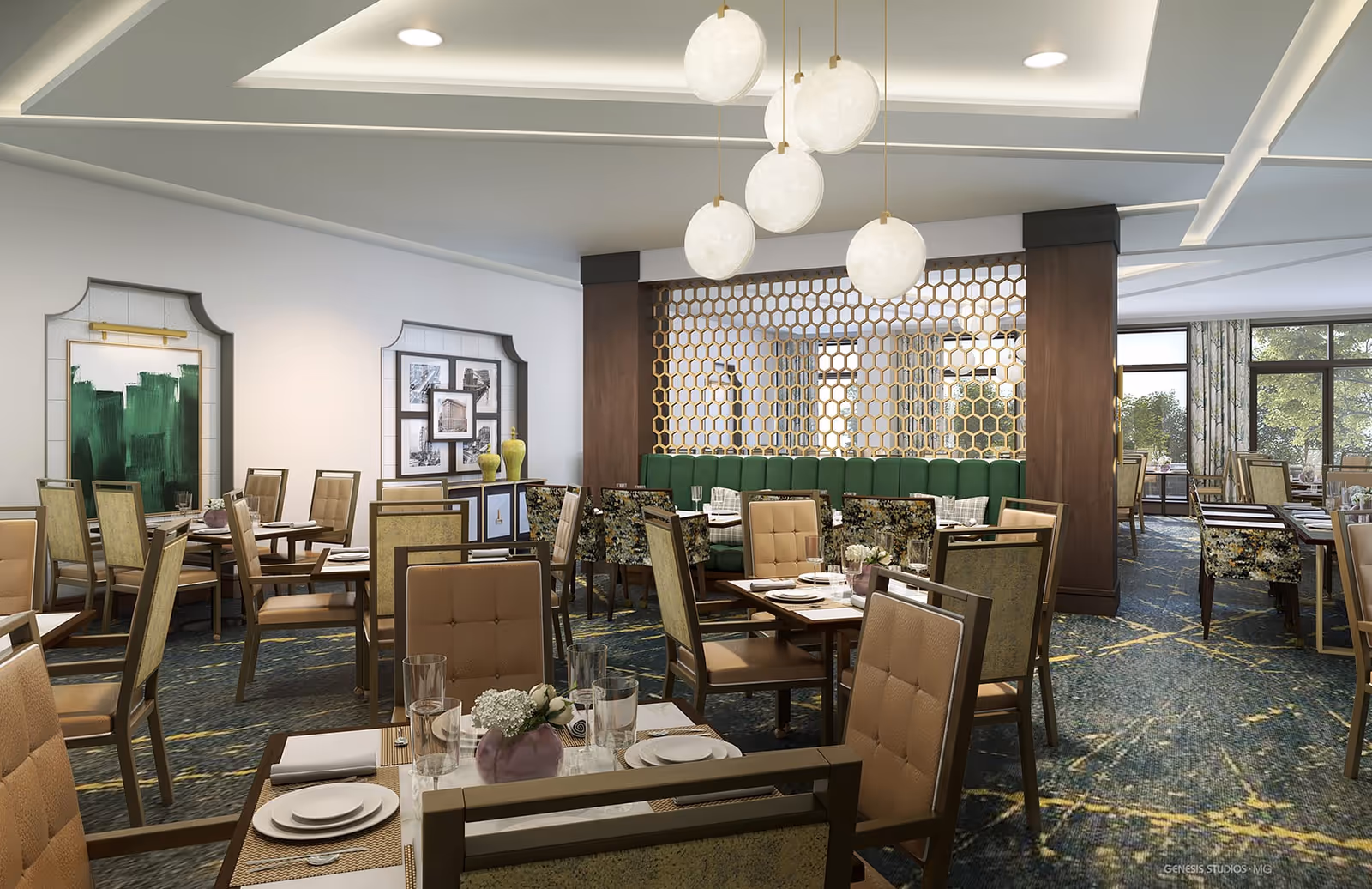 Bright, modern dining room with tables and chairs set for meals, a green banquette, and decorative pendant lights.
