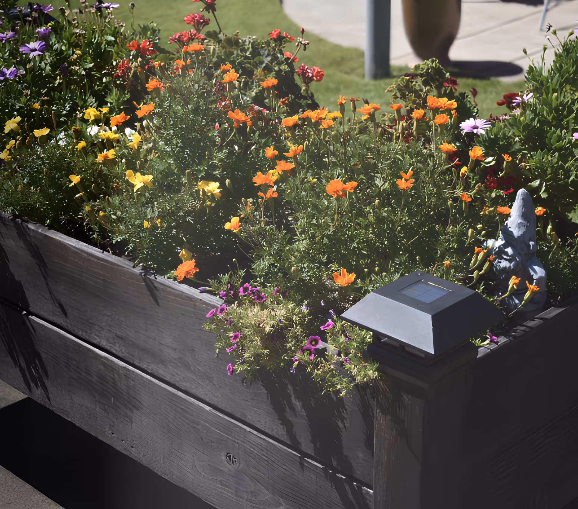 A raised wooden garden bed filled with vibrant flowers in various colors including orange, yellow, purple, and red, with a small solar light and a decorative stone figure placed at one corner. The background shows a grassy area and a paved walkway.