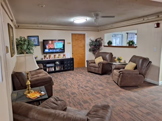 A cozy living room with brown upholstered armchairs and a sofa arranged around a TV mounted on the wall. The room has a patterned carpet, a side table with a lamp and magazines, and decorative plants near the walls. A wooden door and a pass-through window to another room are visible.