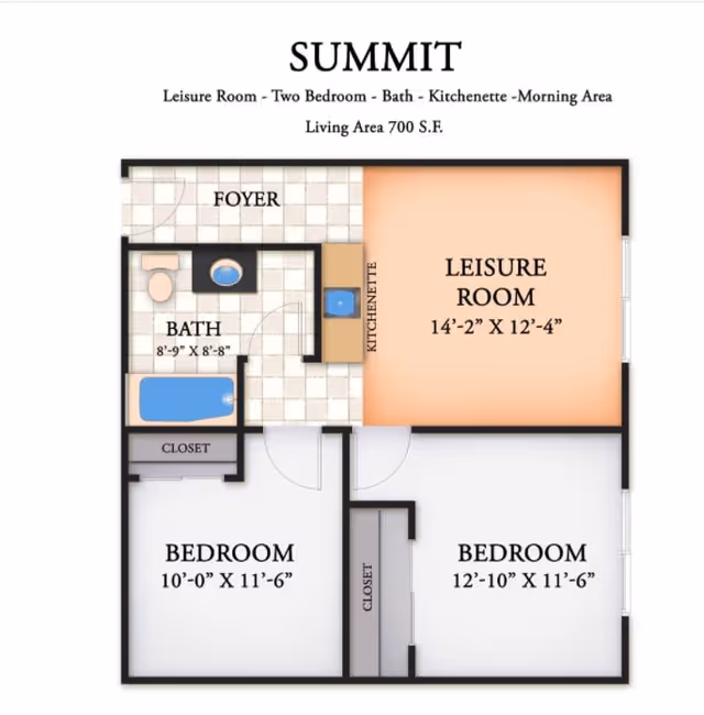 Floor plan labeled SUMMIT showing a two-bedroom, one-bath apartment with a leisure room, kitchenette, and foyer. The leisure room measures 14 feet 2 inches by 12 feet 4 inches. The bedrooms measure 10 feet by 11 feet 6 inches and 12 feet 10 inches by 11 feet 6 inches respectively. The bath measures 8 feet 9 inches by 8 feet 8 inches. Closets are included in both bedrooms.
