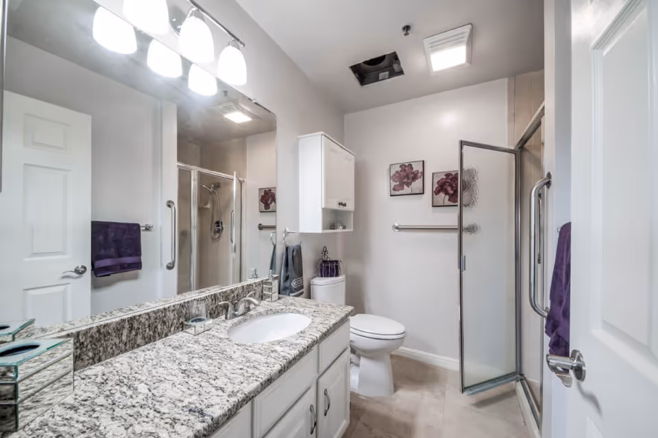 A clean and modern bathroom featuring a granite countertop with an under-mount sink, a large mirror with three overhead lights, a white toilet, a glass-enclosed shower with a metal handle, white cabinetry above the toilet, and two framed floral artworks on the wall. The bathroom has white walls and a tiled floor, with purple towels hanging on the wall.