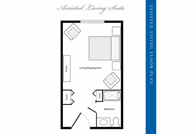 Floor plan of an assisted living suite showing a combined living and sleeping area with a bed, two chairs, a dresser, and two small tables. The suite also includes a closet and a bathroom with a toilet, sink, and shower.