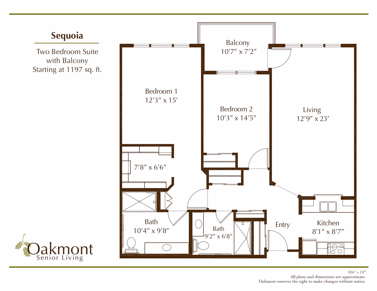 Floor plan of the Sequoia two-bedroom suite with balcony at Oakmont Senior Living, showing dimensions of bedrooms, living room, kitchen, two bathrooms, entry, and balcony.