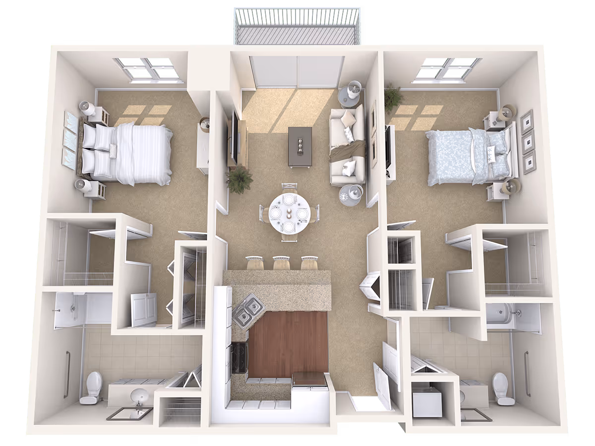 3D floor plan of an apartment with two bedrooms, two bathrooms, a kitchen with an island and three bar stools, a dining area with a round table and four chairs, and a living room with a sofa, coffee table, and TV. The apartment has a balcony accessible from the living room.