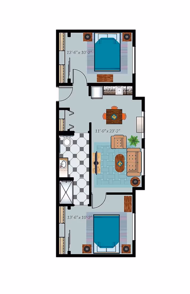 Floor plan of a residential unit showing two bedrooms, a bathroom, a living room with seating and a TV, and a dining area with a table and chairs. The bedrooms are located at opposite ends of the unit, each with a bed and nightstands. The bathroom includes a toilet, sink, and shower. The living room has a sofa, armchair, coffee table, and a plant. The dining area has a square table with four chairs.