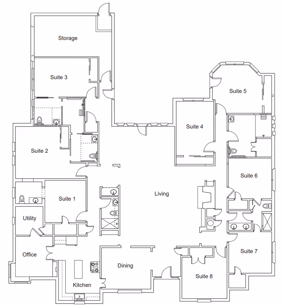 Black-and-white floor plan showing labeled suites (1–8), living, dining, kitchen, living area, storage, office, and utility rooms.