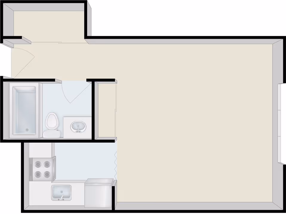 Floor plan of a small apartment unit showing an entrance hallway, a bathroom with a bathtub, toilet, and sink, a kitchen area with a stove, sink, and refrigerator, and a large open living space.