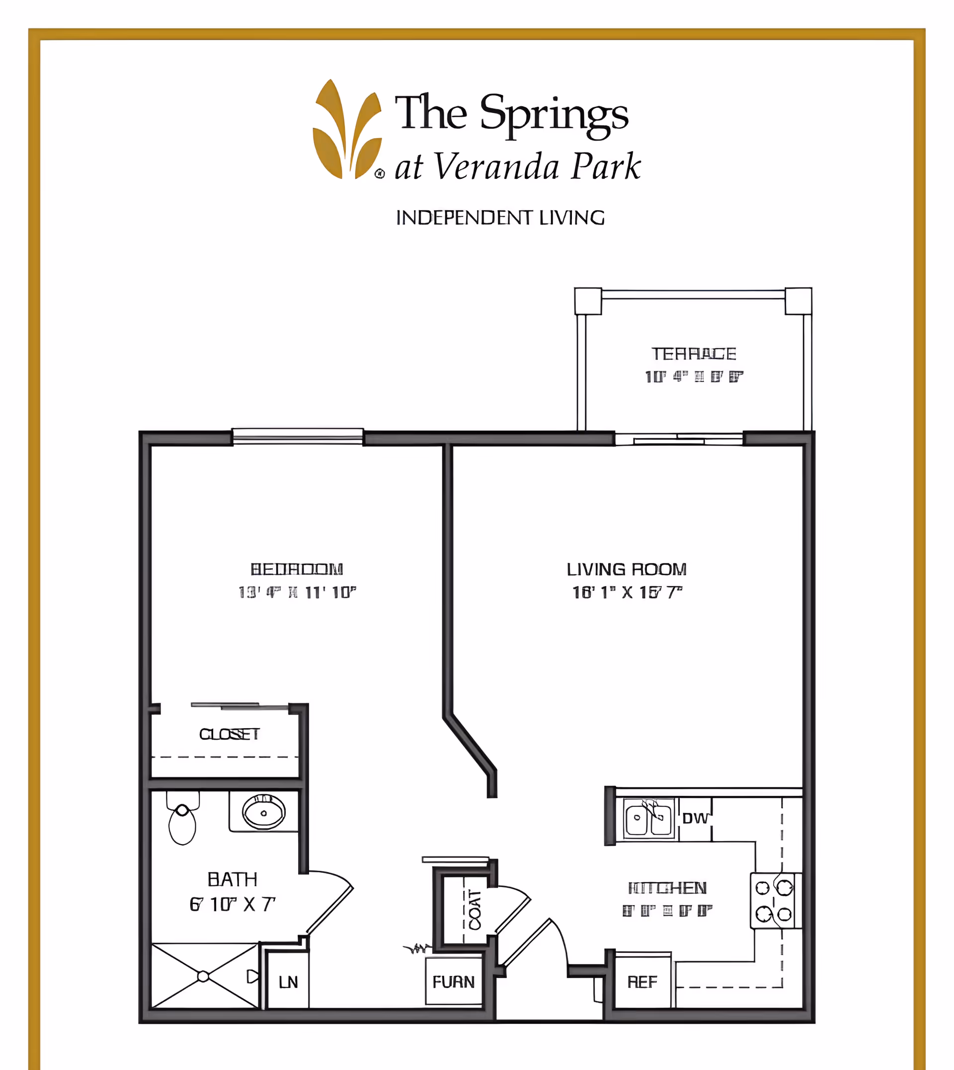 Floor plan of a one-bedroom independent living unit showing bedroom, bathroom, living room, kitchen, terrace, closets, and dimensions.