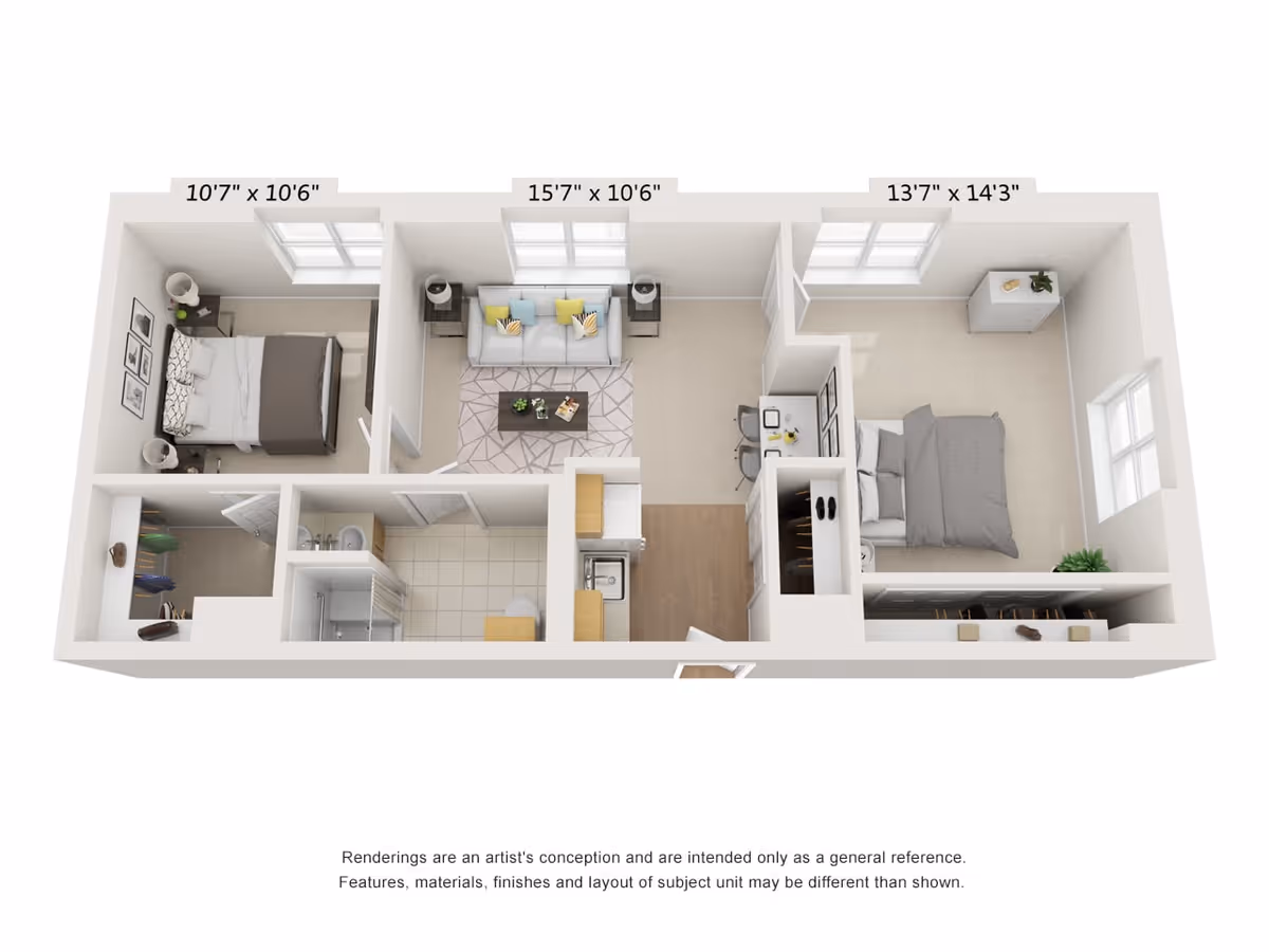 3D floor plan of a senior living apartment unit showing two bedrooms, a living room, a kitchen, a bathroom, and a walk-in closet. The dimensions of each bedroom and the living room are labeled. The layout includes furniture such as beds, sofas, tables, and chairs.