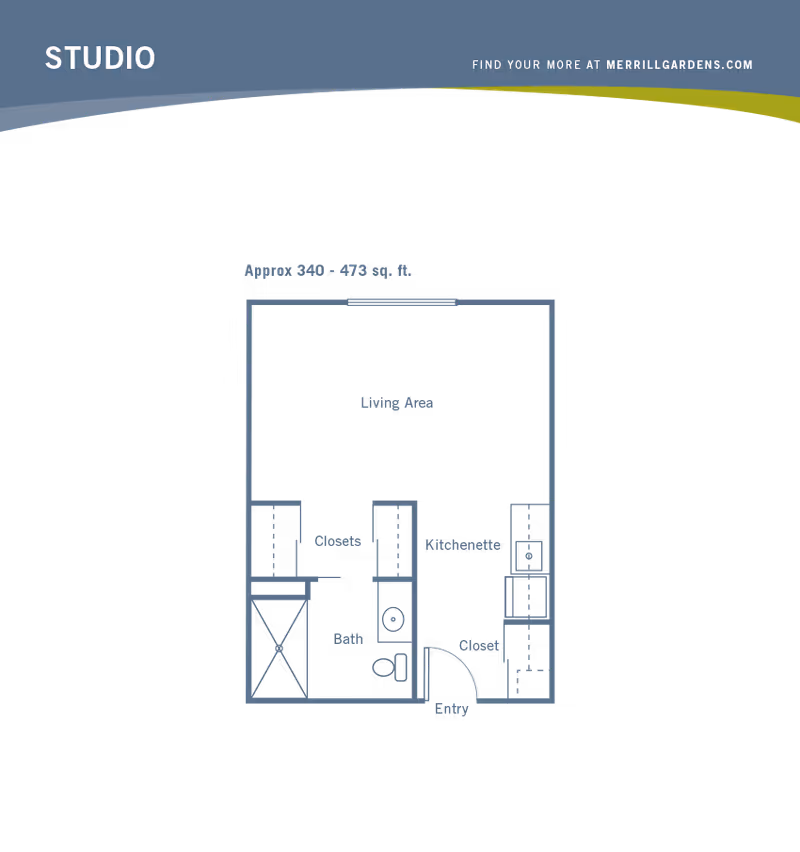 Blueprint-style floor plan of a studio apartment showing a living area, kitchenette, bath, closets, and entry with approximate square footage.