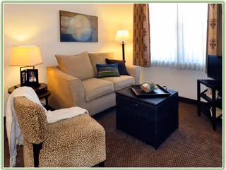 Cozy living room with a loveseat, patterned armchair, two lamps, a dark coffee table, and a TV by a curtained window.