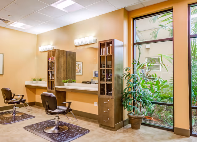 Bright salon area with two styling chairs, mirrors and storage cabinets next to a large window with potted plants.