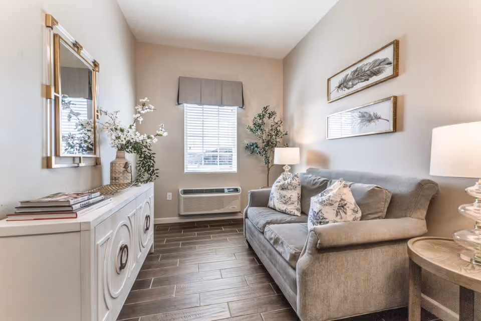 A cozy living room with a gray upholstered sofa adorned with patterned pillows, a wooden side table with a lamp, a white cabinet with decorative items and books, a wall mirror, two framed feather artworks, a window with blinds and a valance, and a potted plant in the corner.