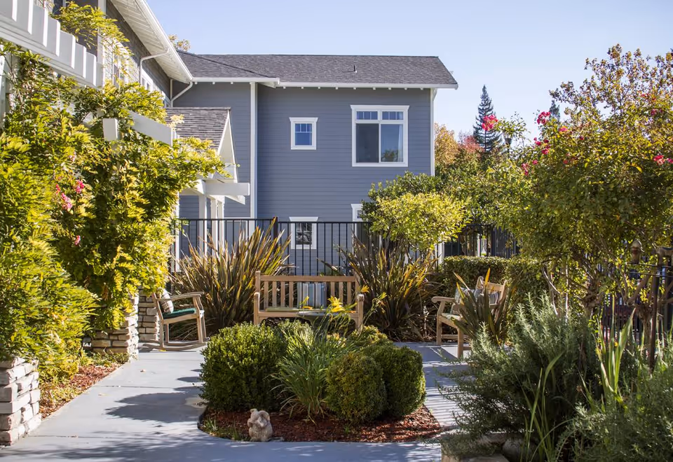 Sunny outdoor garden courtyard with wooden benches, shrubs, and a grey building in the background.