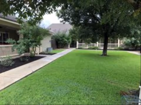 A well-maintained outdoor area with a green lawn, a concrete walkway, trees, and shrubs near a building with a porch and railing.