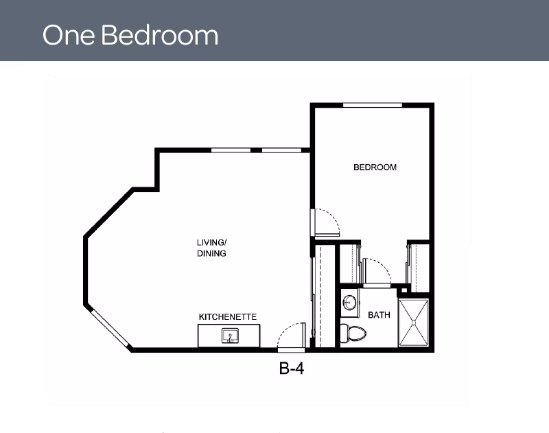 Floor plan layout of a one-bedroom unit at Independence Village Of Waterford (Inn at Cass Lake) showing a living/dining area, kitchenette, bedroom, and bathroom.