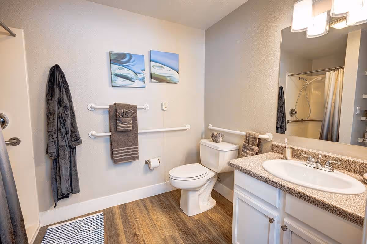 A clean and accessible bathroom with a white toilet, a sink with a granite countertop, and a large mirror above the sink. The bathroom has wooden flooring and white walls with two framed pictures. There are grab bars installed near the toilet and towel racks with brown towels. A dark gray robe hangs on a hook near the shower area, which has a white curtain.