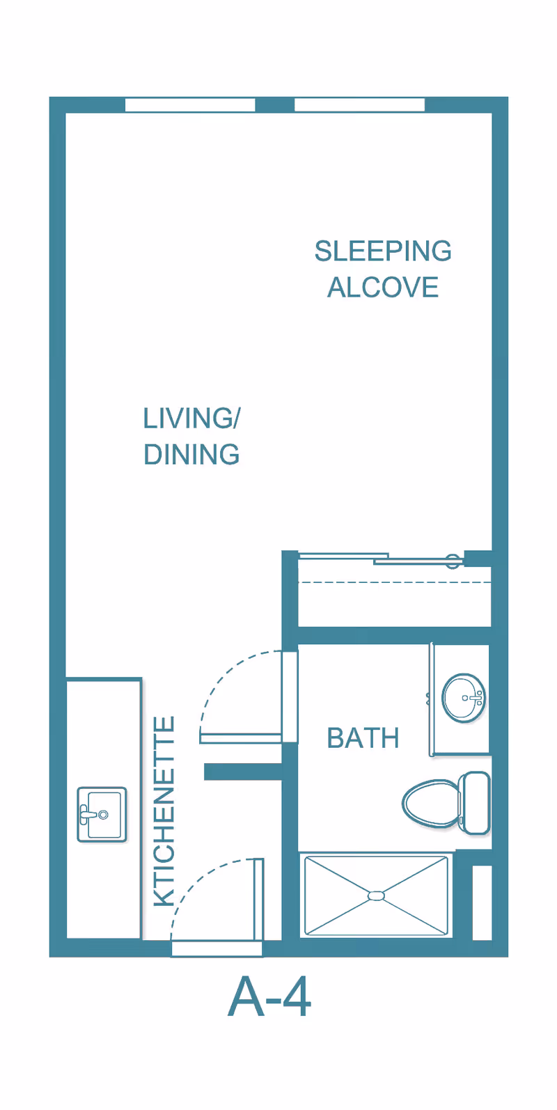 Floor plan layout of a studio apartment labeled A-4, featuring a sleeping alcove, living/dining area, kitchenette with a sink, and a bathroom with a sink, toilet, and shower.