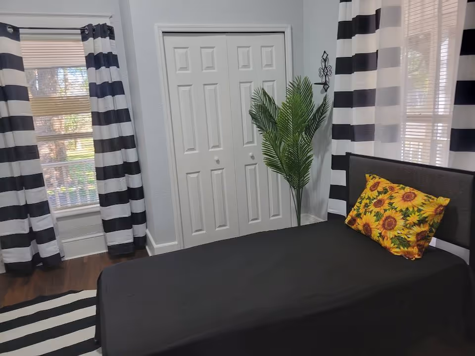 A bedroom with a single bed covered in a black bedspread and a sunflower-patterned pillow. The room has two windows with black and white striped curtains, a white closet door, a green potted plant in the corner, and a black and white striped rug on the wooden floor.