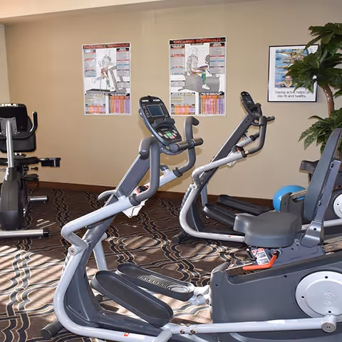 Indoor fitness room with exercise equipment including recumbent bikes and an upright bike. The room has patterned carpet flooring and beige walls with workout posters and a framed motivational picture. A large green plant is visible in the corner.