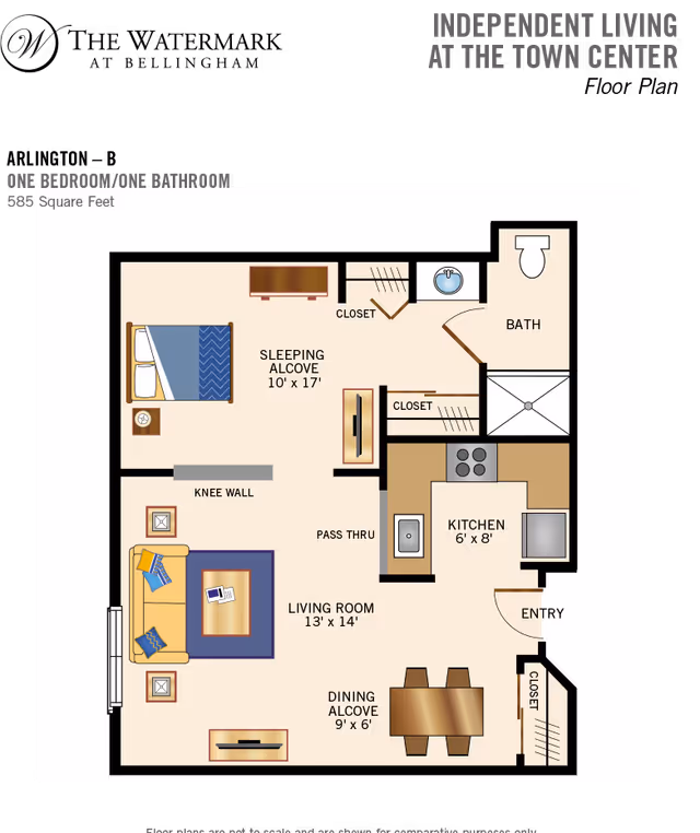 Floor plan of a one bedroom, one bathroom independent living apartment at the town center, showing a sleeping alcove, living room, dining alcove, kitchen, bathroom, closets, and entry area with dimensions.