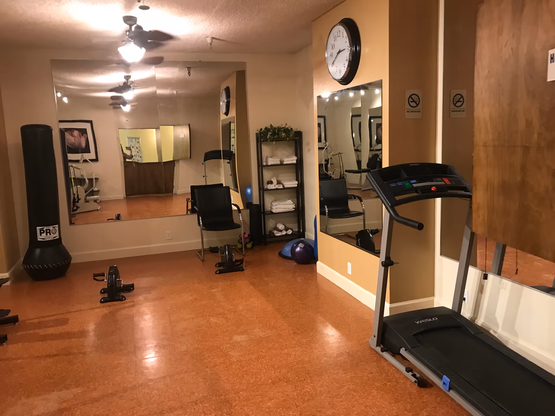 Small exercise room with a treadmill, punching bag, mirrors, chairs, and shelving stocked with towels.