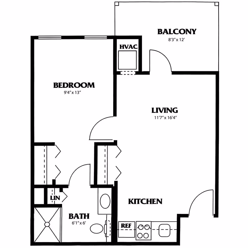 Floor plan of a one-bedroom apartment at Chancellor's Village showing a bedroom, bathroom, kitchen, living area, HVAC closet, linen closet, and a balcony.