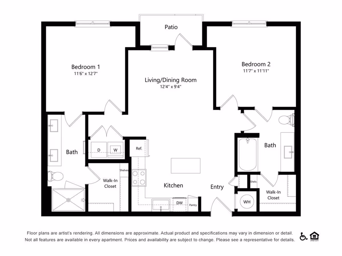 Floor plan of a two-bedroom apartment with a living/dining room, kitchen, two bathrooms, walk-in closets, a patio, and laundry area with washer and dryer.
