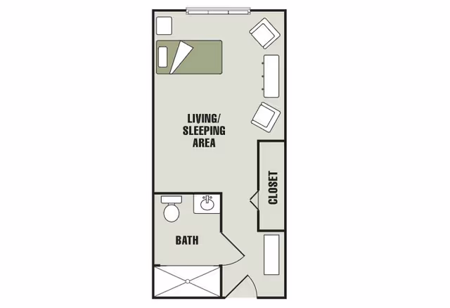 Floor plan of a studio apartment at Morningside of Gastonia showing a combined living and sleeping area with a bed, two chairs, a dresser, a closet, and a bathroom with a toilet, sink, and shower.