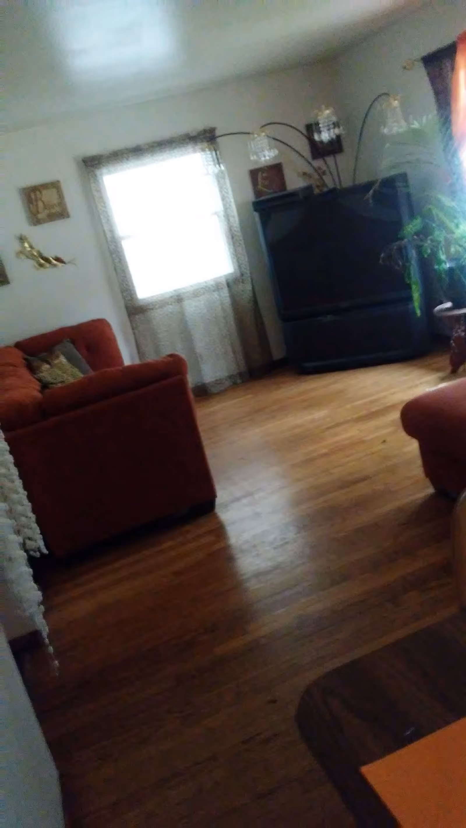 A living room with wooden flooring, two red sofas, a large old-style television, a window with sheer curtains, a tall floor lamp with multiple lights, and some wall decorations including a framed picture and a decorative piece.