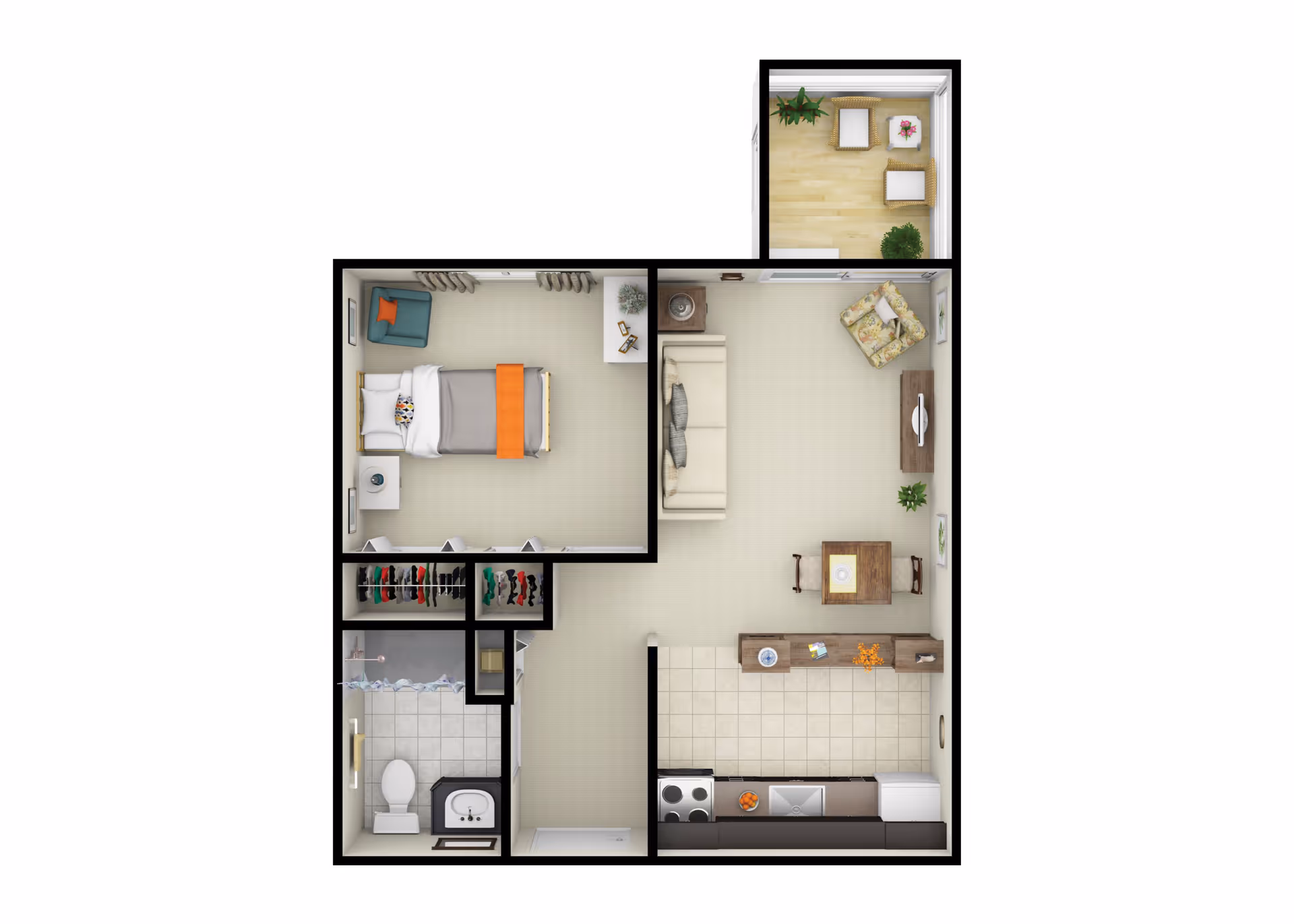 Top-down view of a one-bedroom apartment floor plan showing a bedroom with a bed and chair, a bathroom with a toilet and shower, a living room with a sofa, armchair, TV stand, and dining table, a kitchen area with appliances and cabinets, and a small balcony with two chairs and a table.