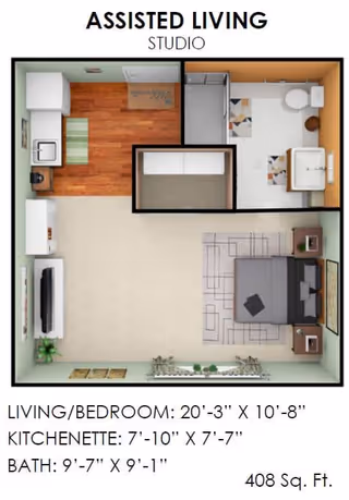 Floor plan of an assisted living studio apartment showing a combined living and bedroom area with a bed, nightstands, TV, and a kitchenette with appliances. There is a separate bathroom with a toilet, sink, and shower. Dimensions for each area and total square footage of 408 sq. ft. are included.