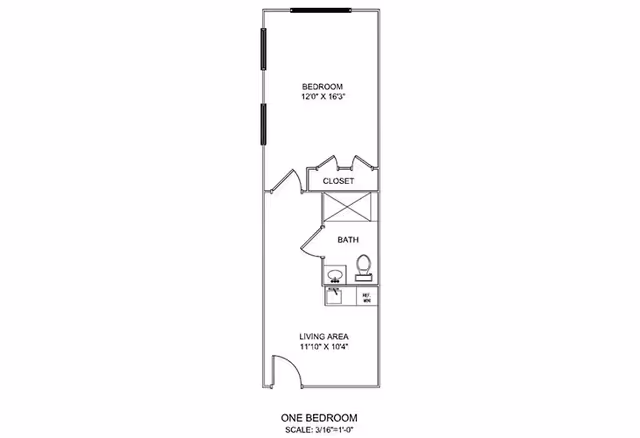 Floor plan of a one-bedroom apartment at Morningside in the West End, showing a bedroom measuring 12 feet by 16 feet 3 inches, a closet, a bathroom with a toilet and sink, and a living area measuring 11 feet 10 inches by 10 feet 4 inches.